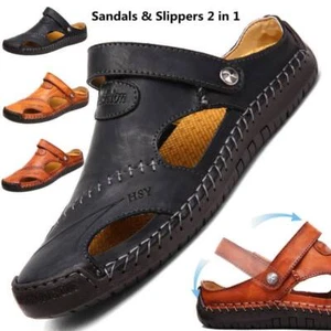 Men Genuine Leather Sandals Summer Casual Sports Beach Shoes Soft Home Slippers - Picture 1 of 14