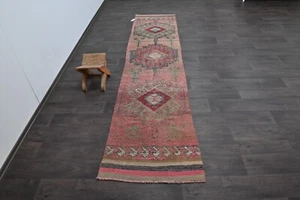 Vintage Turkish Runner Rug 2x11ft Wool Anatolian Handmade Hallway Oushak PINK - Picture 1 of 9