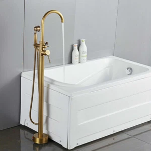 Antique Brass Bathtub Faucet Shower Rain Free Standing Filler Floor Mounted Tap - Picture 1 of 4