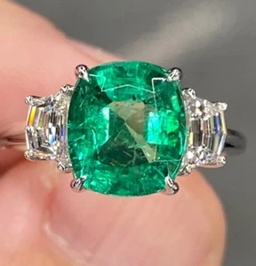 Emerald Gemstone Lab Created Wedding Diamond Ring 3.20 Ct Cushion 950 Platinum - Picture 1 of 6