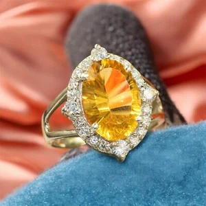 Yellow Citrine Halo Ring size 8 US, Laser Cut Gemstone Sterling Silver Jewelry'' - Picture 1 of 8