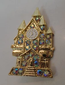 Beautiful Decorative Goldtone Castle W Clock and Jewels Apx 2.5" T X 1.5" W - Picture 1 of 9