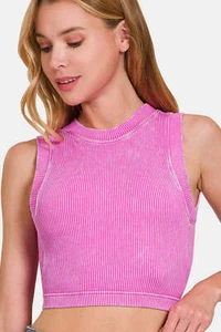 Zenana Washed Ribbed Seamless Crop Tank with Bra Pad - Picture 1 of 4