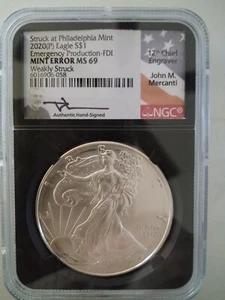 U.S. Mint Error 2020 Silver Eagle Coin, Weakly Struck, Mercanti signed - Picture 1 of 2