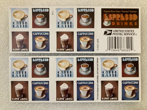 BOOKLET of 20 USPS Espresso Drinks Self-Adhesive Forever Stamps 1x SHEET 1x PANE Cover
