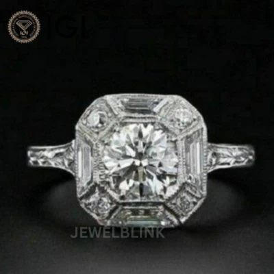 Anillo de compromiso y boda vintage de diamantes cultivados en laboratorio de corte redondo de 1 quilate en oro de 14 k Foto 1 de 4