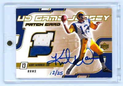 2000 UD Upper Deck Kurt Warner Auto Game Used Worn Jersey Patch 12/25 HOF SP - Image 1 of 2