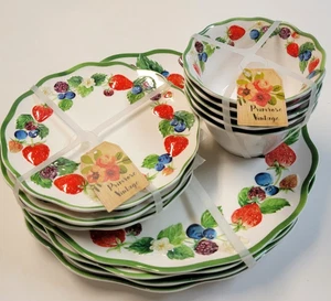 Primrose Vintage 12 Strawberry Melamine Dinner Dessert Appetizer Plates & Bowls - Picture 1 of 24