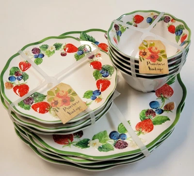 Primrose Vintage 12 Strawberry Melamine Dinner Dessert Appetizer Plates & Bowls - Image 1 of 4