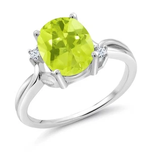 925 Sterling Silver Yellow Lemon Quartz and White Created Sapphire 3 Stone Ring - Picture 1 of 4