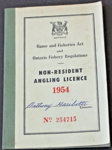 ¡Licencia de pesca de no residente Ontario Canadá 1954 vintage!! - Imagen 1 de 5