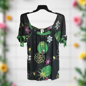 Camicetta Sweet Pea nera con giallo rosa verde bianca stampa floreale trasparente donna XL - Foto 1 di 6