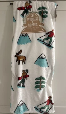 MOUNTAIN SKI SNOWBOARD REINDEER 60x70” Plush Throw Blanket Snow Skiing Deer NEW - Image 1 of 4