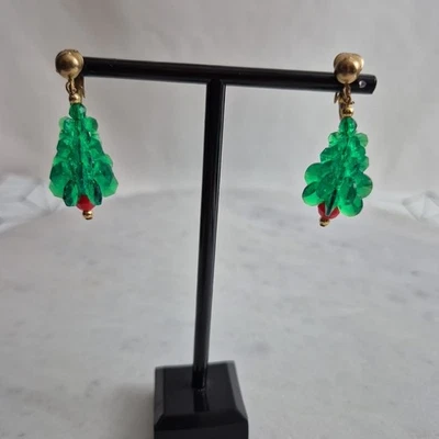 Crystal Bead Christmas Tree Earrings Dangle Clip-ons - Image 1 of 4