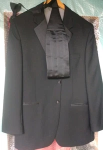 42R Black 2 Button Notch Wool Tuxedo CoatSatin Lapel Geoffrey Beene W/Cumberbun - Picture 1 of 6