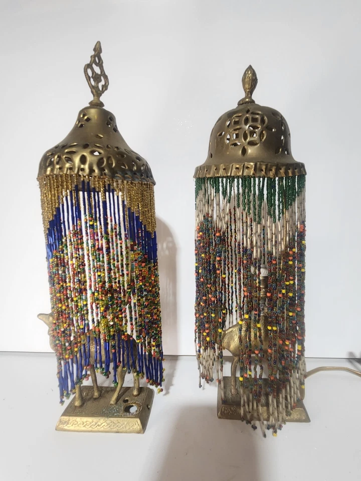 1920’s Egyptian Revival Camel Boudoir Lamp with Beaded Shade - Image 1 of 4