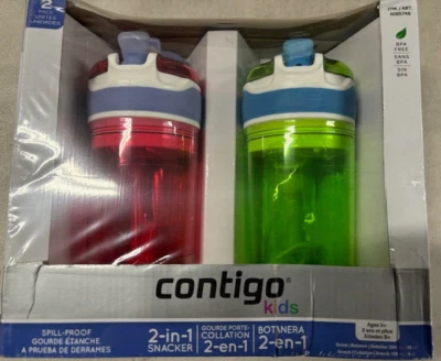 Contigo Kids 2-1 Snacker Spill Proof Bottles & Snack Cups(PINK/GREEN 2 Pack)NIB - Image 1 of 3