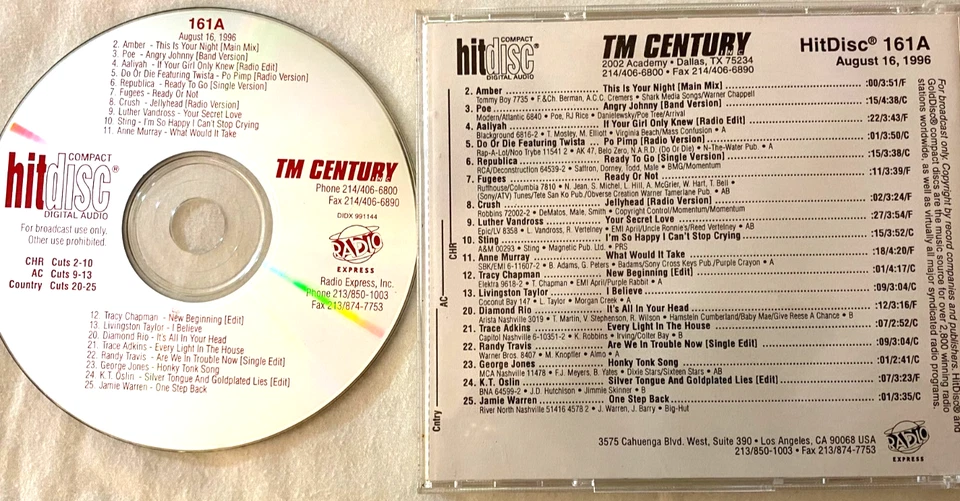 8/16/96 TM CENTURY HITDISC 161A: FUGEES, POE, REPUBLICA, CRUSH, AMBER, STING - Image 1 of 1