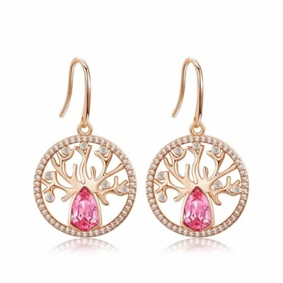 18K Rose Gold GF Made With SWAROVSK Crystal Pink Tree Of Life Dangle Earrings Foto 1 de 4