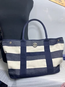 Tommy Hilfiger Navy Blue Striped Large Tote Bag Brass Logo * Small Stain!!!! - Picture 1 of 14