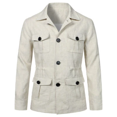 Chic Men's Linen Safari Jacket Pockets Slim Fit Hunting Coat Casual Tops British - Image 1 of 4