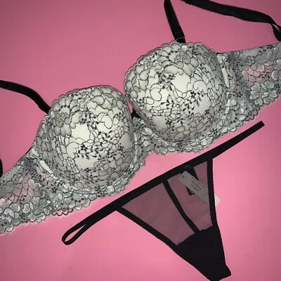 CONJUNTO DE SUTIÃ O/S tanga Victoria's Secret sem alças 32DDD PRETO BRANCO DREAM ANGELS - Imagem 1 de 3