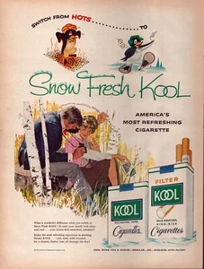 1958 Kool Cigarettes anuncio impreso nieve fresco Kool Penguin caminar carbón raqueta de nieve - Imagen 1 de 1