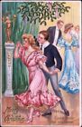EXCITING VICTORIANA~At Party, Man Chases Woman To Mistletoe~CHRISTMAS Postcard