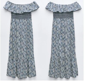ZARA NEW WOMAN SS24 BLUE/WHITE OFF-THE-SHOULDER PRINT DRESS 9878/112 SIZE S - Imagen 1 de 3