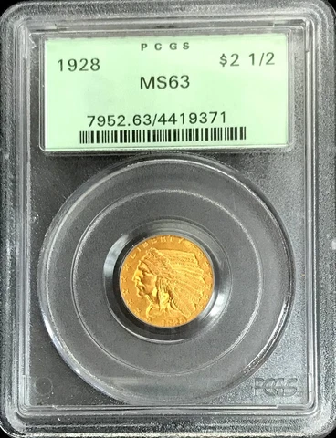 1928 GOLD US $2.50 INDIAN QUARTER EAGLE GREEN LABEL PCGS MINT STATE 63 OGH PQ Cover
