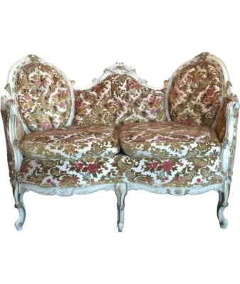 White French Provincial Louis XVI Upholstered Settee Carved with Gilt Accents  - Image 1 of 4