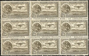 J) 1929 MEXICO, BLOCK OF 9, EAGLE AND AIRPLANE OVER MOUNTAINS, SCOTT C13, 20 CEN - Picture 1 of 1