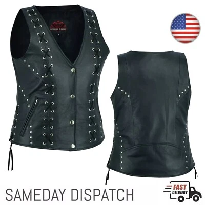 Women's Black Leather Motorcycle Vest with Side Lace Ladies Eyelet Trim Vest US - Image 1 of 4