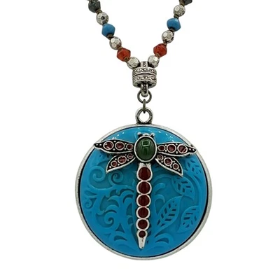 Dragonfly Pendant Necklace Faux Carved Turquoise Beaded Chain Boho Hippie Y2K - Image 1 of 4