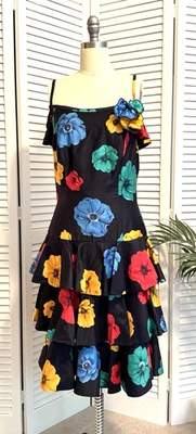 Vintage A J Bari Size 10 Black Floral Ruffled Latin Style Flamenco Dress - Image 1 of 4