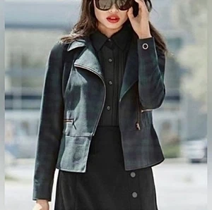 Cabi #3181 Women’s Size 6 Tartan Plaid Asymmetrical Moto Utility Zip Jacket - Picture 1 of 6