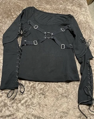 punk rave Gothic Top With CrissCross Buckle Chest/ Straps/Laced Sleeves Sz L- XL - Image 1 of 3