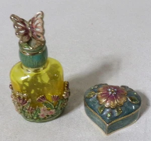 Monet Enamel Cloisonne Vaseline Rhinestone Perfume Bottle Pill Box Vanity Set - Picture 1 of 9