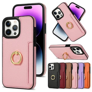 Leder Karten Halter Ring Ständer Hülle für iPhone 14 Pro Max 13 12 11 X 8 7 - Bild 1 von 44