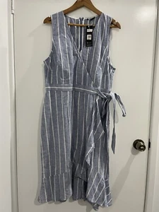 Tokito Linen Blend Dress Size 16 Striped Faux Wrap Look (A) - Picture 1 of 9
