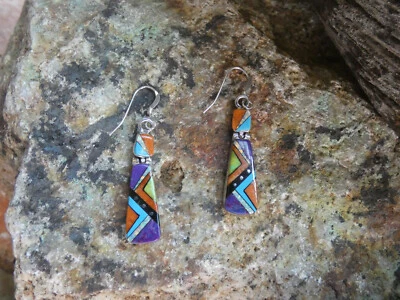 Unique Multi Gemstone & Opal Handmade Sterling Silver 925 Inlayed Earrings G89 - Image 1 of 4