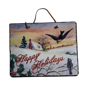 "Happy Holidays" Christmas Painted Winter Scene on Slate Wall Hanging Decor - Picture 1 of 4
