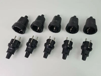 HEITECH 10 Tlg Set 5 x Schuko Gummi Kupplung + 5 x Stecker Schwarz IP44 Schutzkontakt