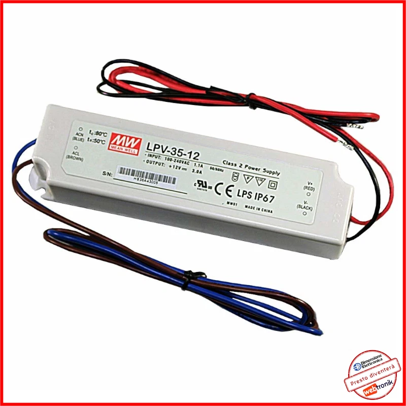 Alimentatore 12v Trasformatore 3a 35w Mean Well LPV-35-12 IP67 Striscia Led 220v - Immagine 1 di 1