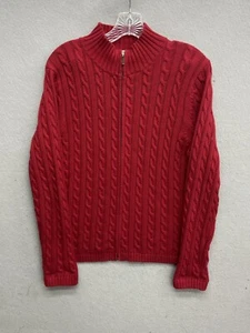 L.L. Bean Size M Mock Neck Full Zip Red Cotton Cable Knit Fisherman Cardigan - Picture 1 of 9