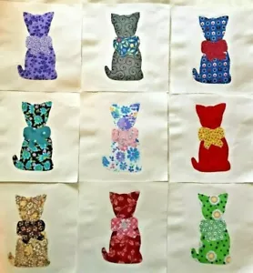 6" Quilt Craft Blocks Cotton Fabric Applique Lot of 9 Colorful Cat with Bow - Picture 1 of 3