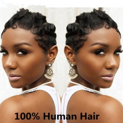 Pelucas brasileñas 100 % reales de cabello humano corto onda de dedo para mujer negra Foto 1 de 3