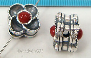 1x OXIDIZED STERLING SILVER RED CORAL STONE FLOWER SPACER BEAD 11.2mm #2284