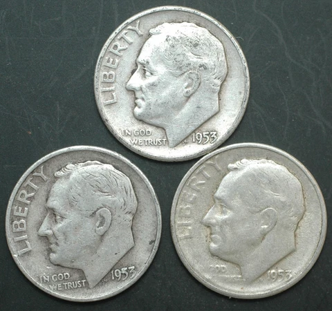 1953-P-D-S Roosevelt silver dime year set of 3 coins Cover