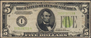 Fr.1955-i 1934 Minneapolis $5 LGS Light Green Seal Federal Reserve Note Fine - Picture 1 of 2